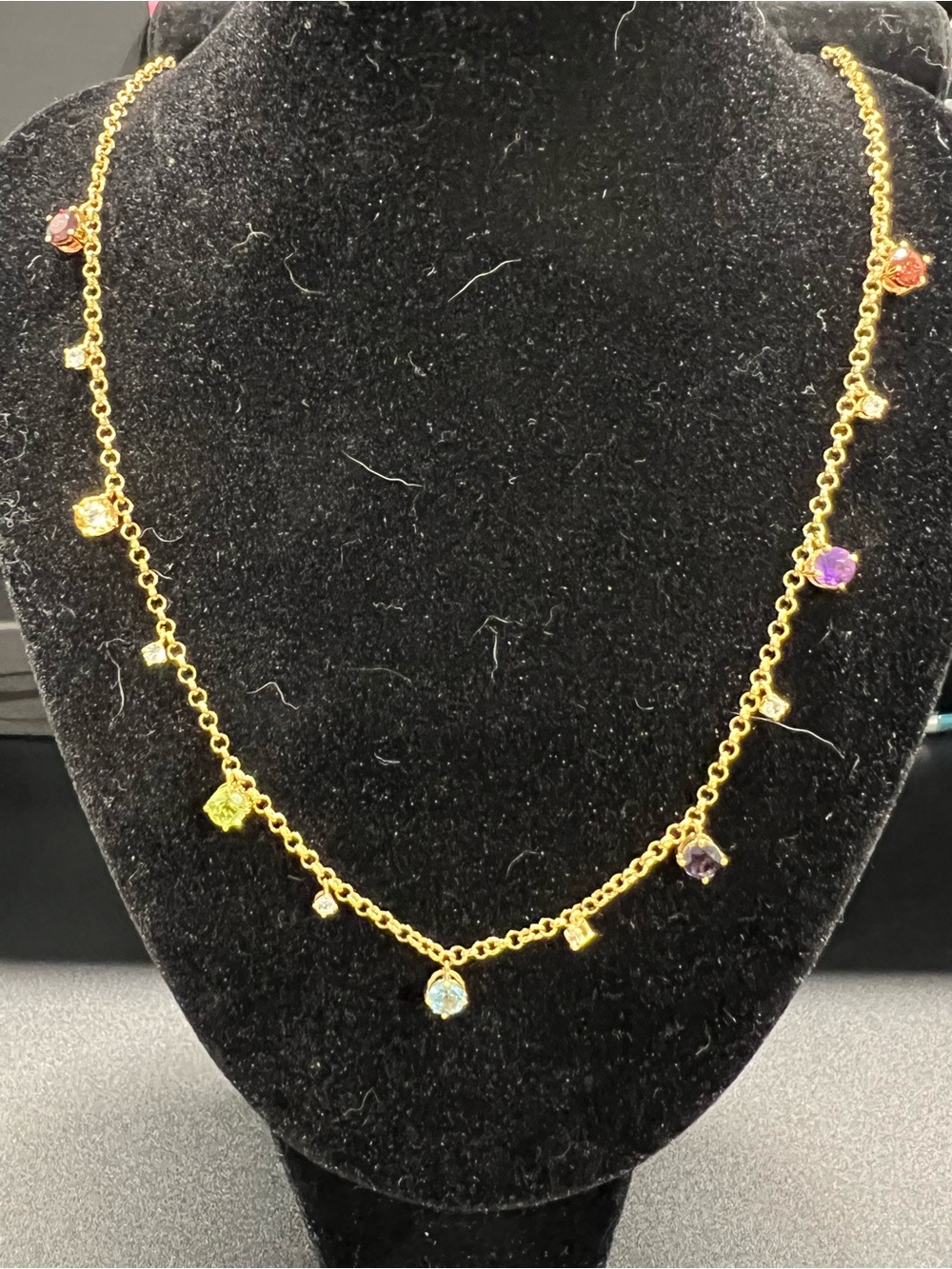 14K Gold over .925 Sterling Silver Natural Multi-Gem Station Necklace 16-18”
